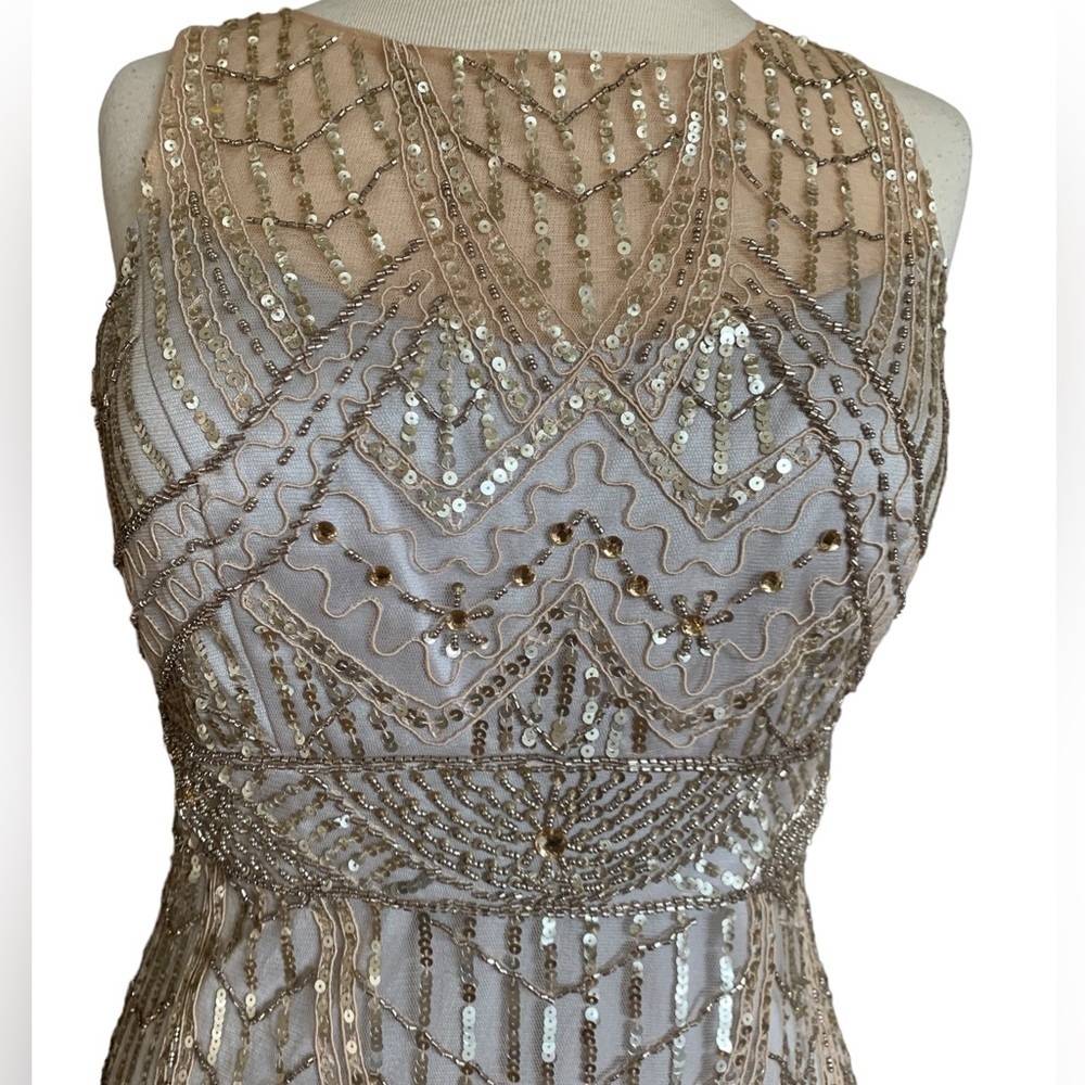 SUE WONG 14 Champagne Silver sequin embellished beaded cocktail formal dress NEW - Picture 6 of 17